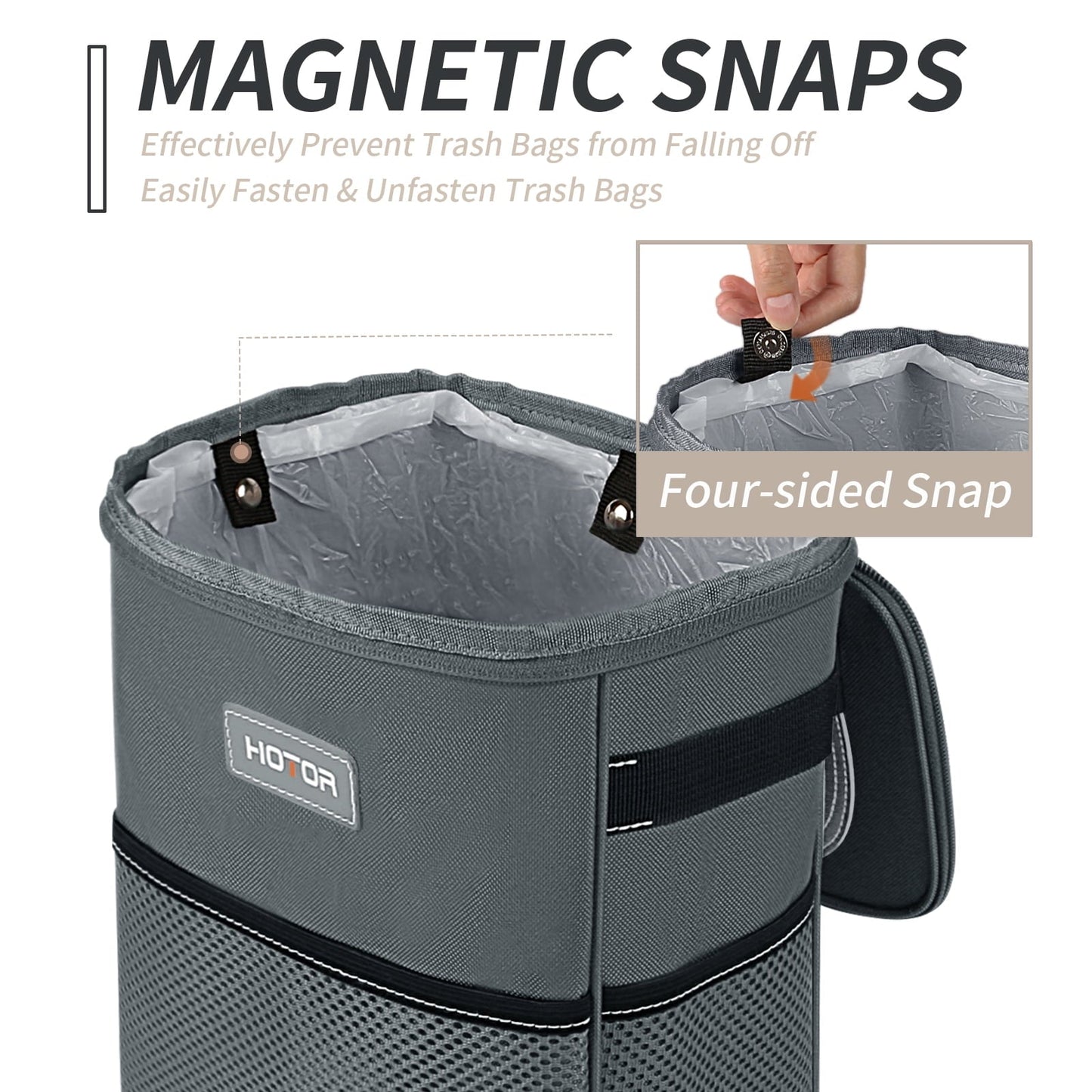 HOTOR Car Trash Can with Lid, Leak-Proof Car Garbage Can with Mesh Pockets, Car Accessories, 2 Gallons, Gray