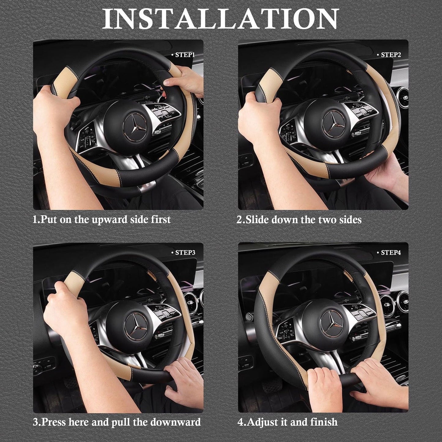 CAR GRAND Faux Leather Car Steering Wheel Cover Combo Pack Car Floor Mats, Universal Fit Waterproof Anti-slip Carpet 14.5-15 Inches Beige & Black