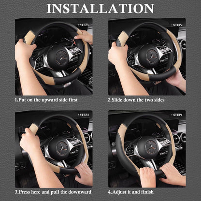 CAR GRAND Faux Leather Car Steering Wheel Cover Combo Pack Car Floor Mats, Universal Fit Waterproof Anti-slip Carpet 14.5-15 Inches Beige & Black