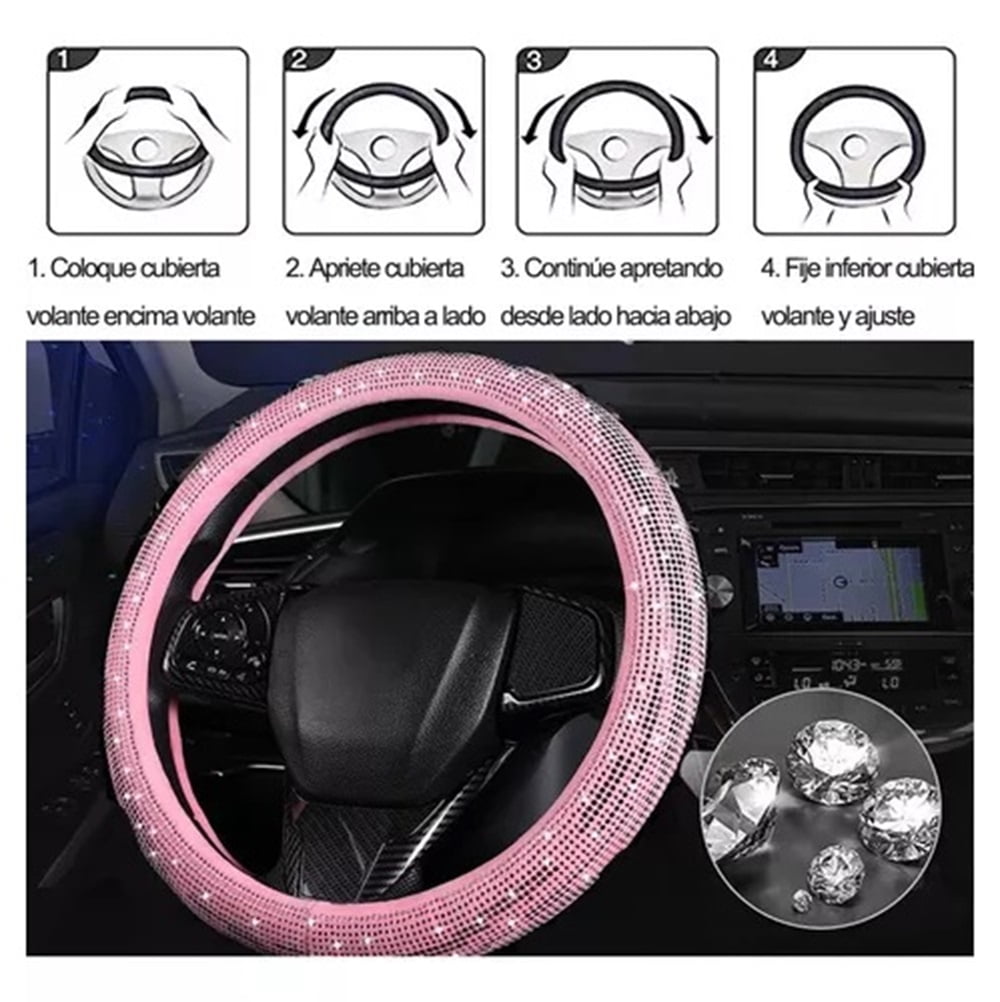 Bling Crystal Diamond Steering Wheel Cover, 13Pcs Shiny Rhinestone Sparkling Car Interior Decorations, Car Accessories for Women Girls,-Pink