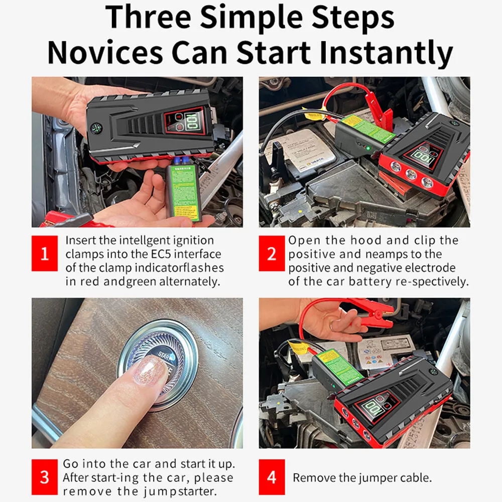 DEISNGB Portable Car Jump Starter 5000A Peak, 99800mAh Battery, LED Charger, Power Bank, Safety Features