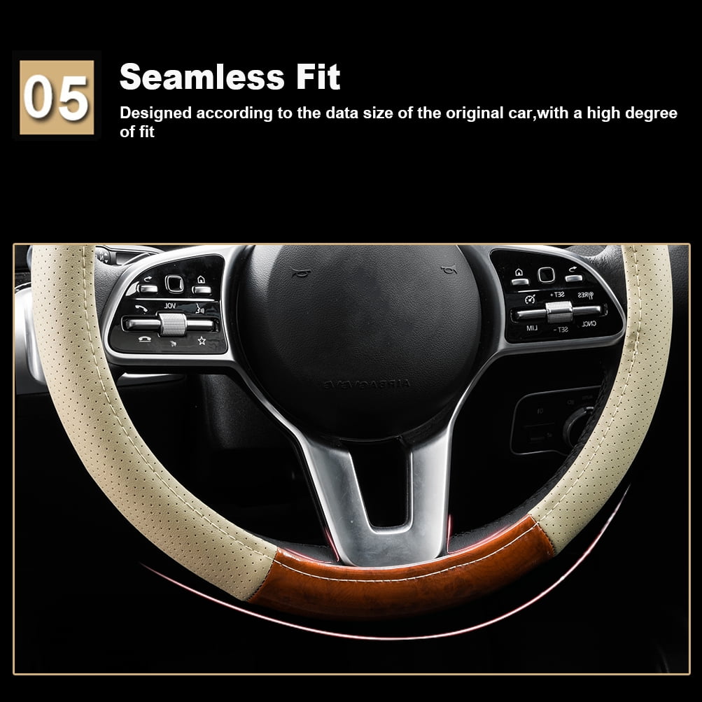 XUKEY Beige Wood Grain Car Steering Wheel Cover Leather 14.5" to 15" Breathable Anti-Slip Universal