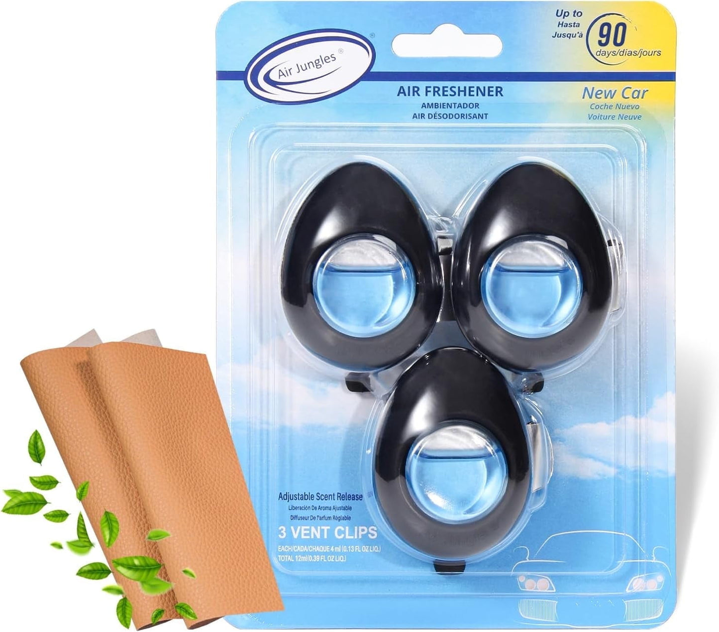 Air Jungles Car Air Freshener Vent Clip 3 Count, New Car Scent, 4 ml Each, Long-Lasting Odor Eliminator for Cars, Trucks, and SUVs