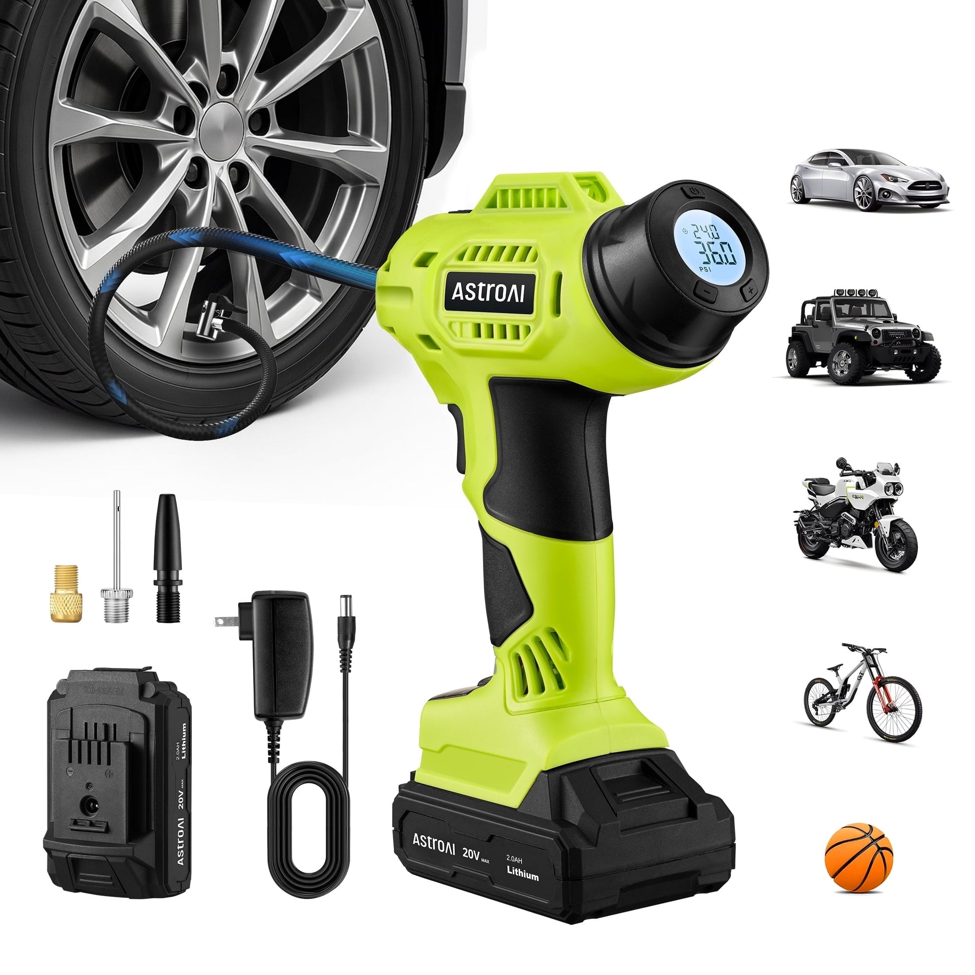 AstroAI Cordless Tire Inflator Portable Air Compressor Electric Pump, 160PSI Handheld Air Pump with 20V Rechargeable Battery Auto Shutoff, Digital Pressure Gauge for Cars Tires, for Gift, Green