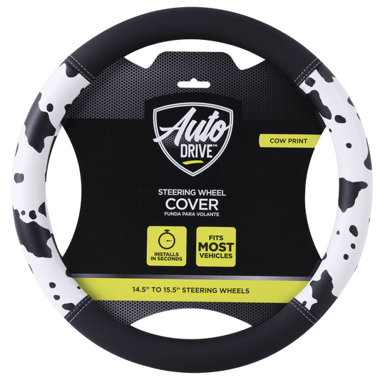 Auto Drive Black White Cow Print Faux Leather Steering Wheel Cover, Universal Fit for Sedans, SUVs