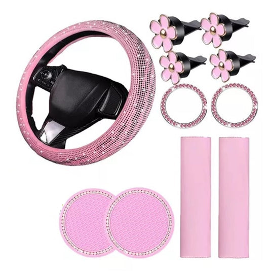 Bling Crystal Diamond Steering Wheel Cover, 13Pcs Shiny Rhinestone Sparkling Car Interior Decorations, Car Accessories for Women Girls,-Pink