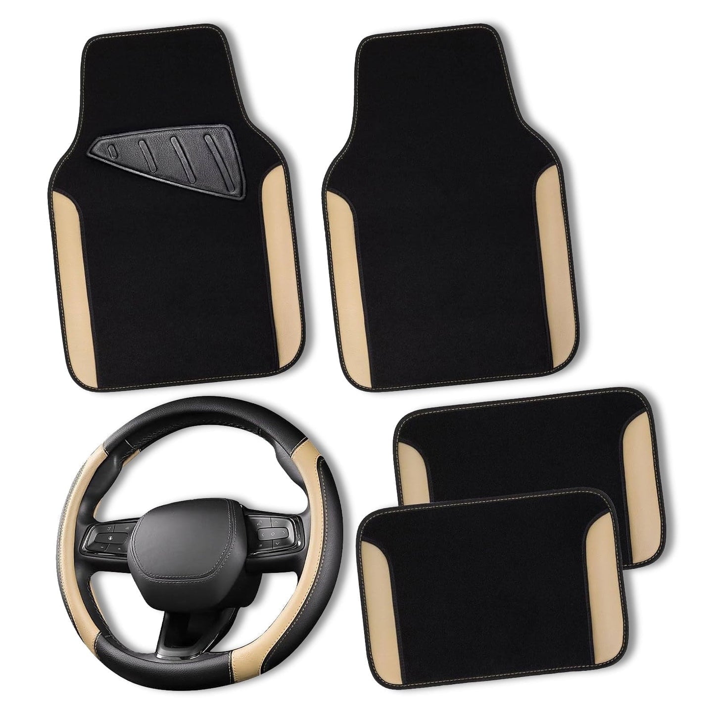 CAR GRAND Faux Leather Car Steering Wheel Cover Combo Pack Car Floor Mats, Universal Fit Waterproof Anti-slip Carpet 14.5-15 Inches Beige & Black