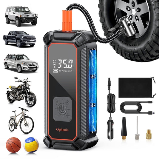 Ophanie Tire Inflator Portable Air Compressor, 9000mAh Battery Powered, 150PSI Dual Mode, Auto Air Pump for Car Tires, Motorcycle, Bicycle, Electric Pump with LED Light & Digital Pressure Gauge