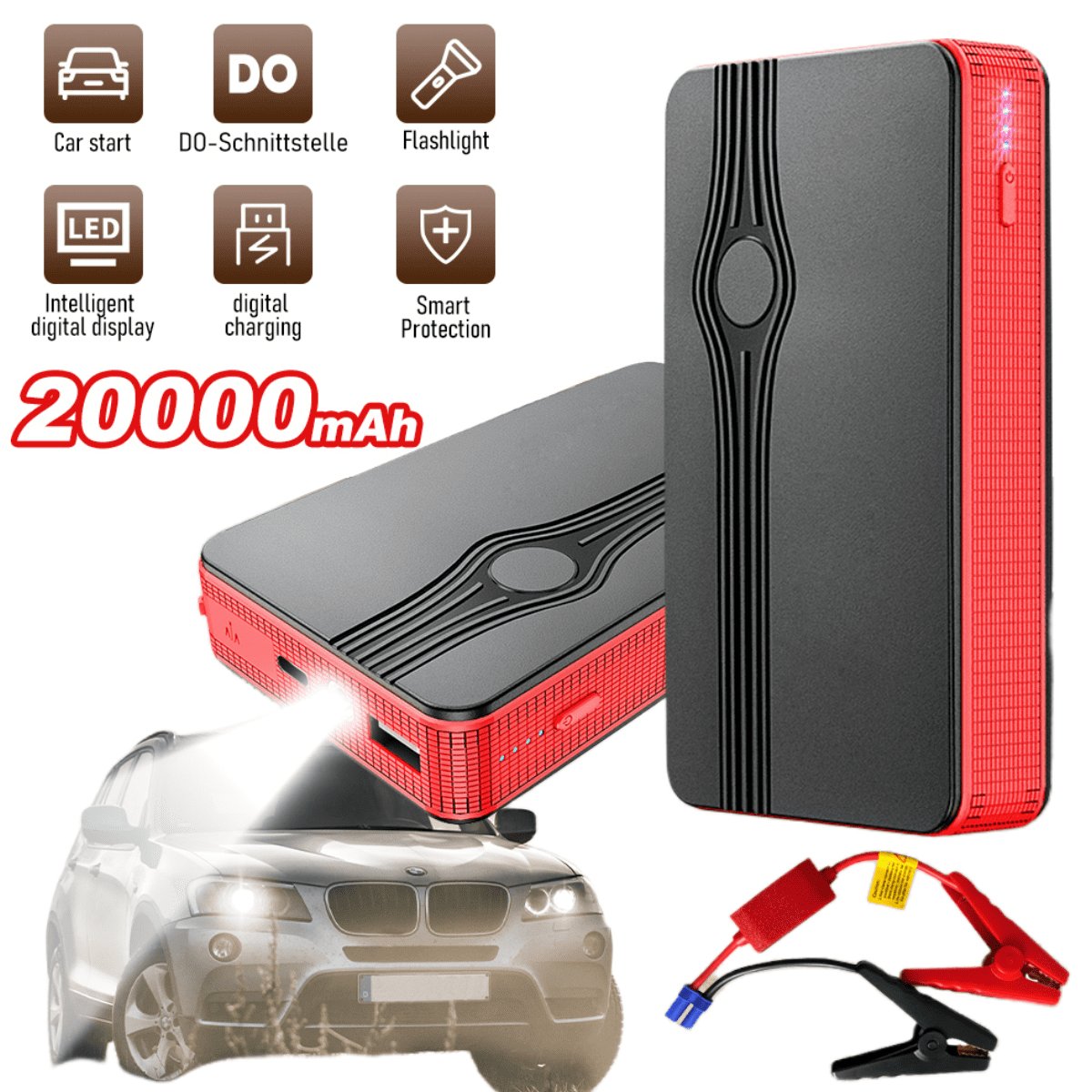 DFITO Emergency Power Starter, 20000 mAh Car Jump Starter Battery Power Bank, Vehicle Emergency Starting Booster for Car Boat Truck, Red