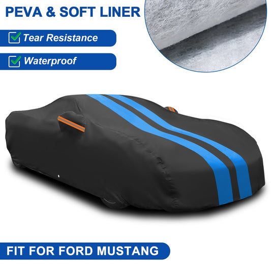 FANOTEK Car Cover Custom Fit for Ford Mustang 1982-2025, Waterproof PEVA with Soft Liner Full Cover, Outdoor Sun UV Rain Dust Protection All Weather