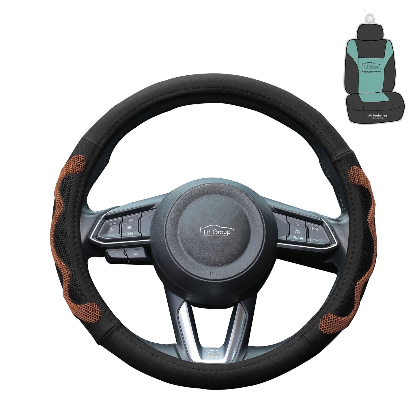 FH Group 1.6 lb. Leather Brown Steering Wheel Cover with Silicone Anti Slip Grip and Air Freshener