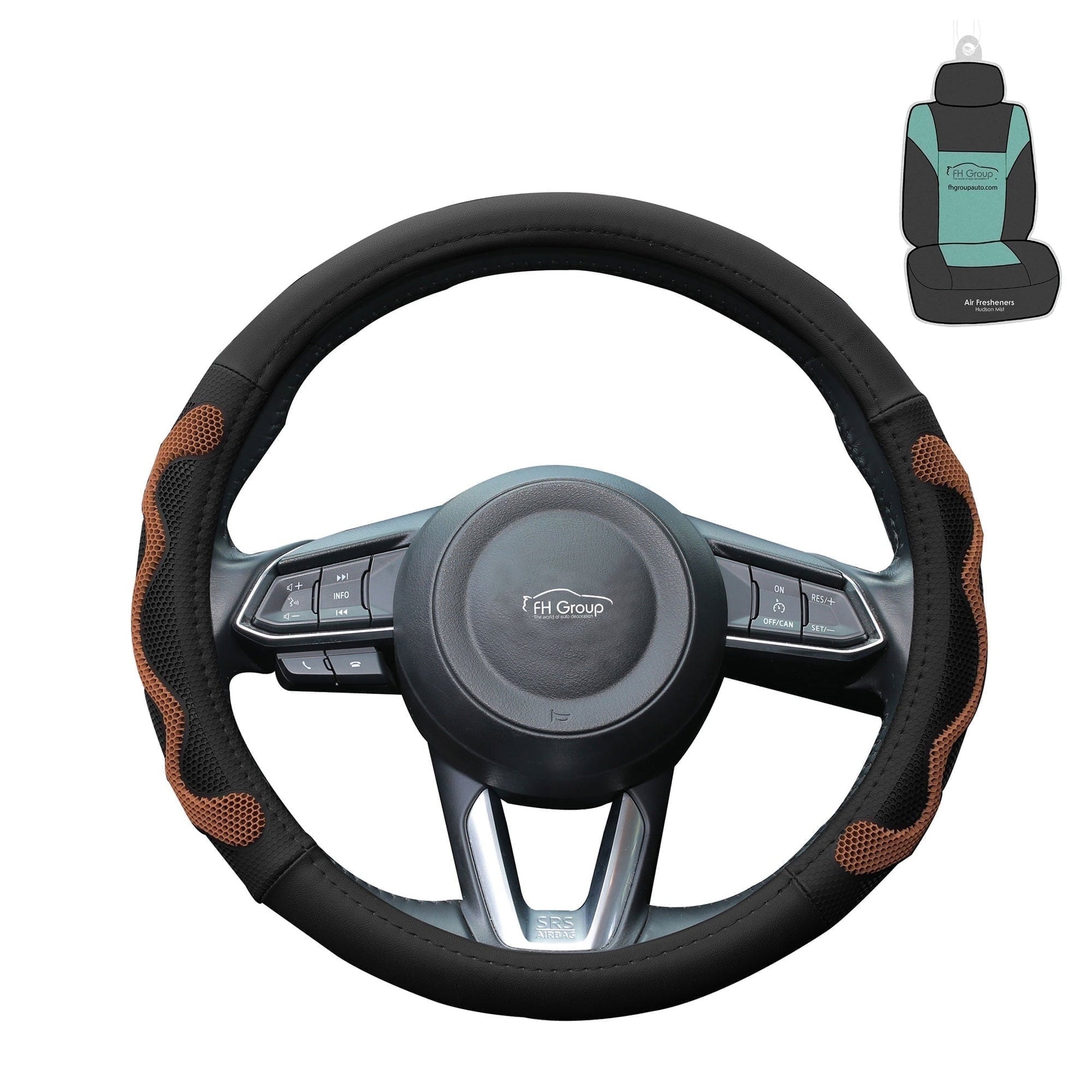 FH Group 1.6 lb. Leather Brown Steering Wheel Cover with Silicone Anti Slip Grip and Air Freshener