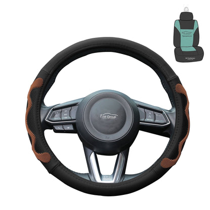 FH Group 1.6 lb. Leather Brown Steering Wheel Cover with Silicone Anti Slip Grip and Air Freshener
