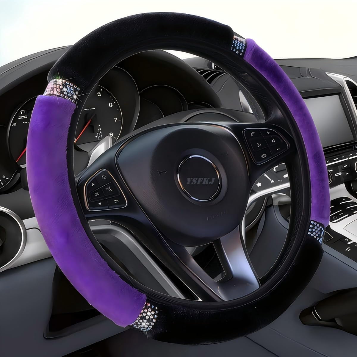 Fluffy Steering Wheel Cover, Universal 15 Inch Colorful Rhinestones Car Steering Wheel Cover, Sparkly Crystal Diamond Steering Wheel Protector for Women Girls,Purple