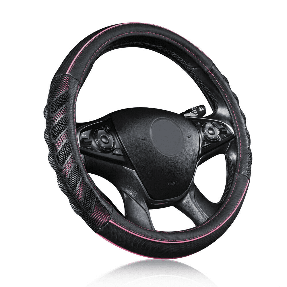 Flying Banner car Steering Wheel Cover Faux Leather Massage Universal fit 3D Honeycomb Hole Anti-Slip Sporty 15 inches (Pink Black)