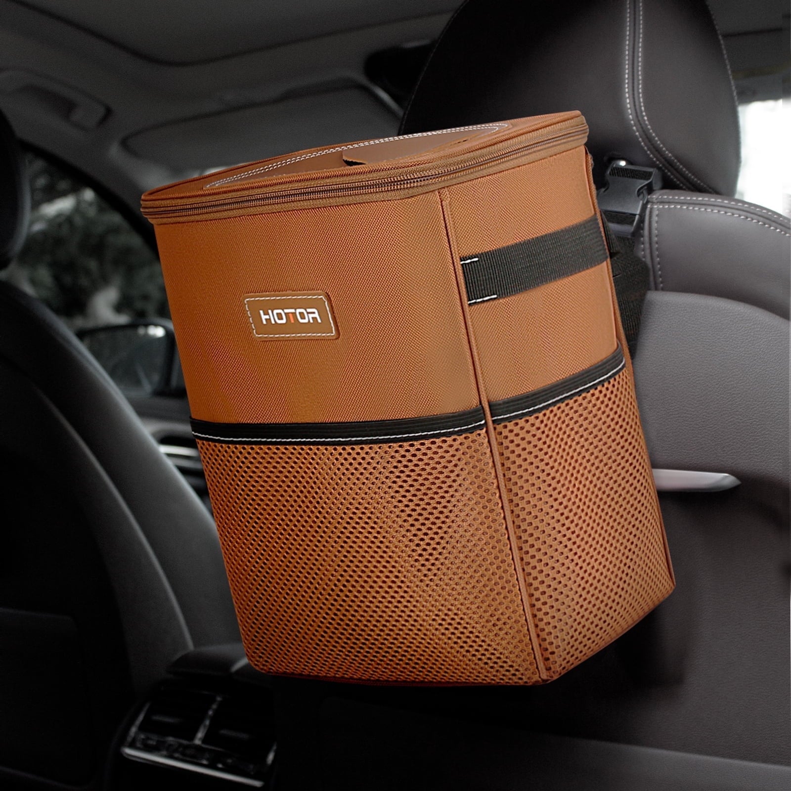 HOTOR Car Trash Can with Lid, Leak-Proof Car Garbage Can with Mesh Pockets, Car Accessories, 2 Gallons, Brown