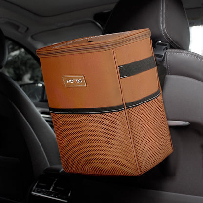 HOTOR Car Trash Can with Lid, Leak-Proof Car Garbage Can with Mesh Pockets, Car Accessories, 2 Gallons, Brown