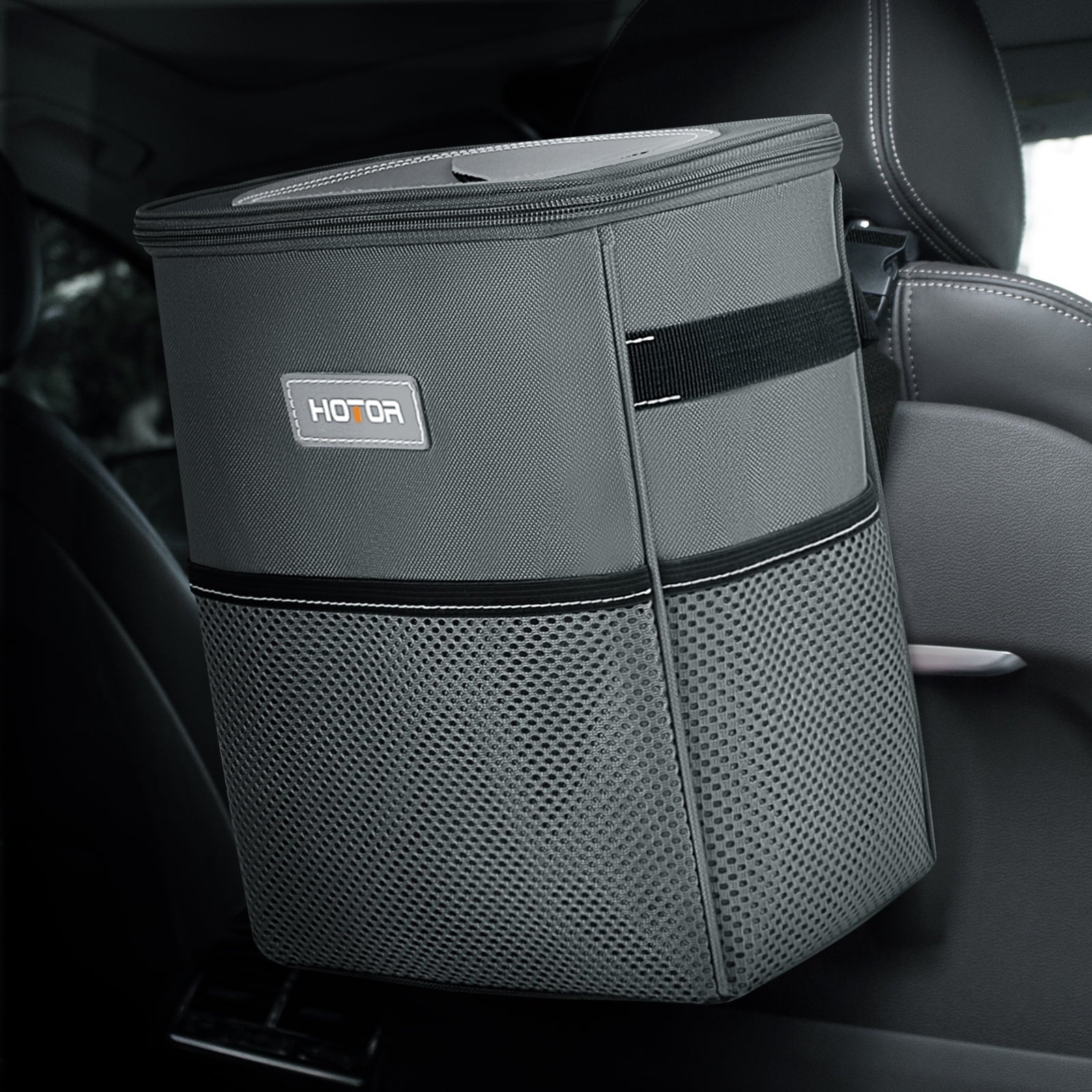 HOTOR Car Trash Can with Lid, Leak-Proof Car Garbage Can with Mesh Pockets, Car Accessories, 2 Gallons, Gray