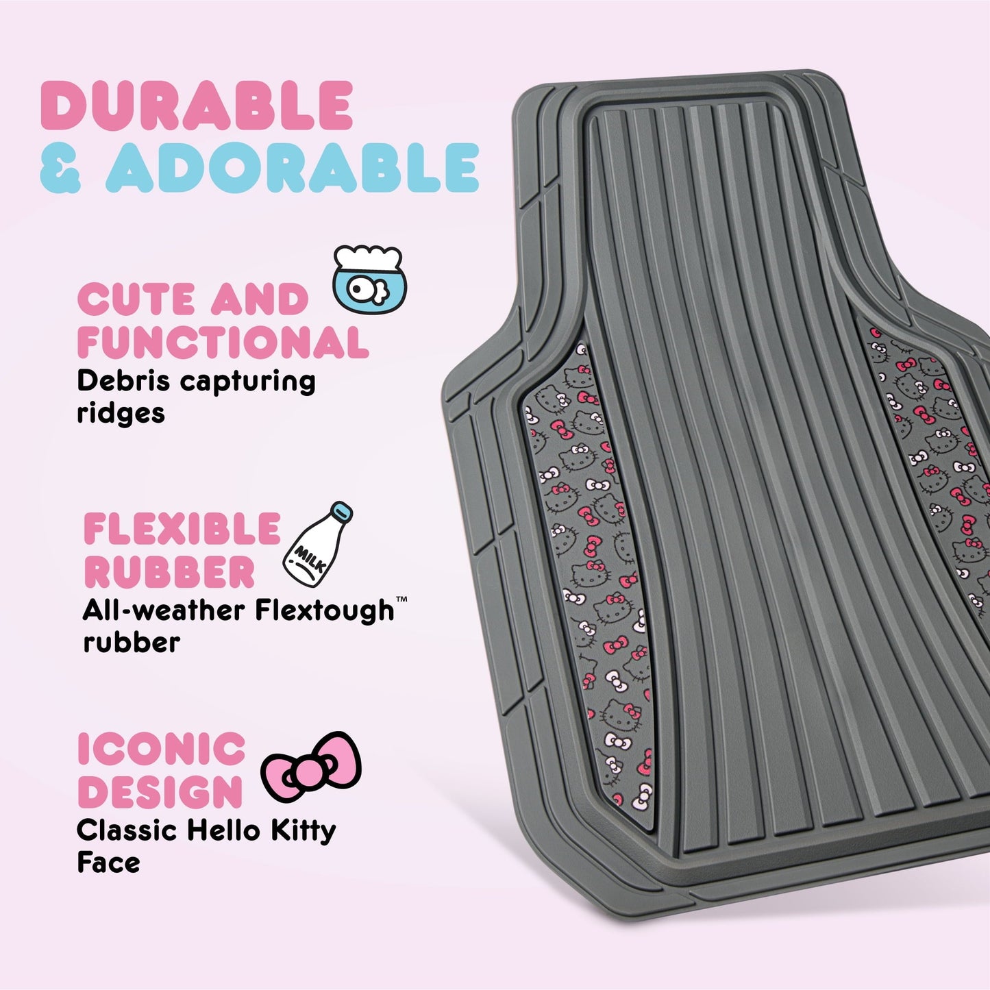Hello Kitty 4pc Car Mats for Cars, Trucks, SUVs - Kawaii Rubber Floor Mats for Women & Men, Heavy Duty Non-Slip Front & Rear Mats, Cute Hello Kitty Accessories, Classic Gray with Pink Bows