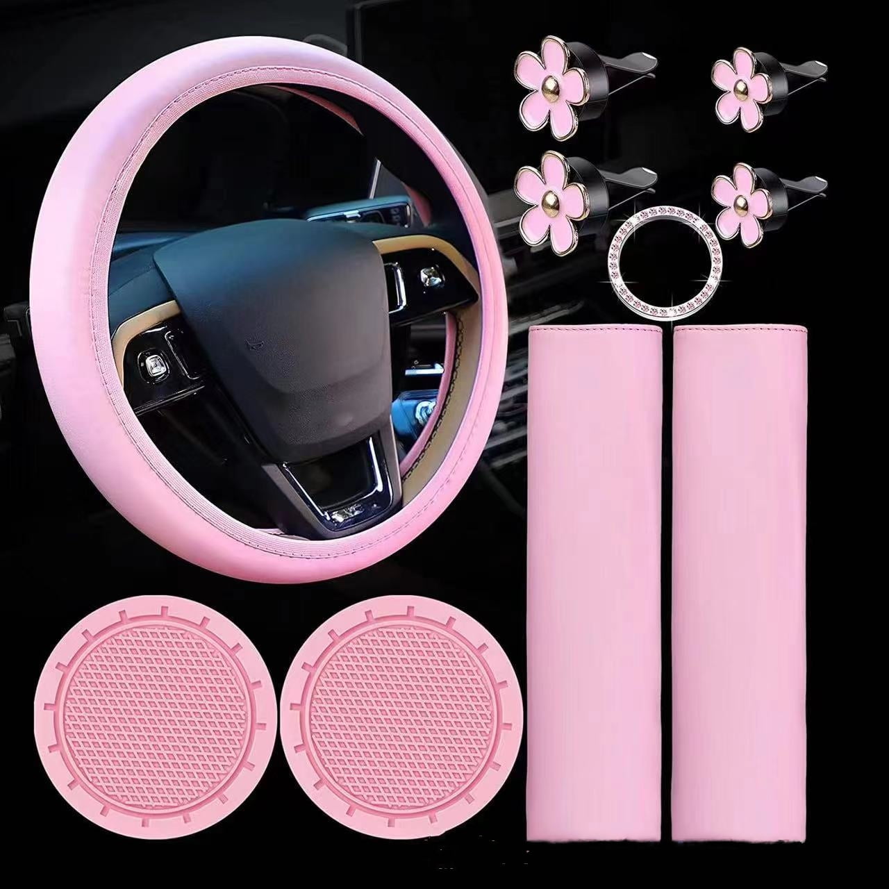 Leather Steering Wheel Cover for Women Cute Car Accessories Set of 10 Includes Seat Belt Shoulder Pads Seatbelt Covers Cup Holders Start Button Ring Sticker Air Vent Clip Car Accessories(Pink)