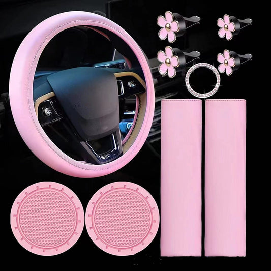 Leather Steering Wheel Cover for Women Cute Car Accessories Set of 10 Includes Seat Belt Shoulder Pads Seatbelt Covers Cup Holders Start Button Ring Sticker Air Vent Clip Car Accessories(Pink)