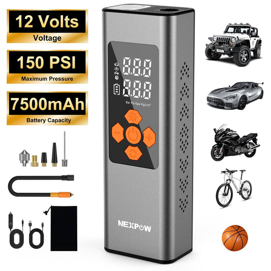 NEXPOW Tire Inflator Portable Air Compressor, 150 PSI Air Pump for Car Tires with Pressure Gauge, LED Light and Auto Shut-Off, Cordless Pump with Dual Power Supply for Cars, Bikes, Balls