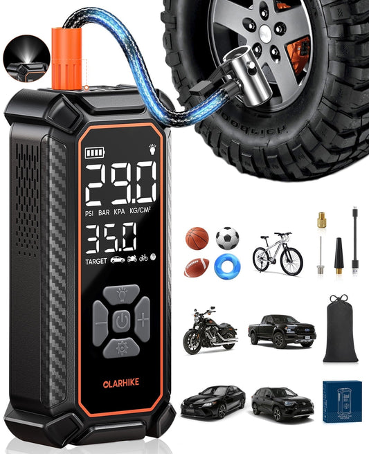 OlarHike Tire Inflator Portable Air Compressor, 9000mAh Battery Powered, 150PSI Dual Mode, Auto Air Pump for Car Tires, Motorcycle, Bicycle,Bike, Electric Pump with LED Light & Digital Pressure Gauge