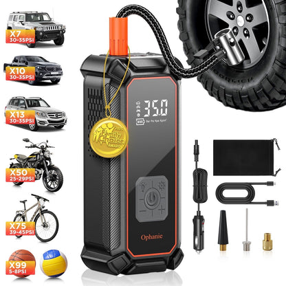 Ophanie Cordless Portable Tire Inflator - 160 Psi Digital Pressure Gauge, Air Compressor for Car Tires with Automatic Shutoff, Emergency LED Light, Compact Automotive Pump
