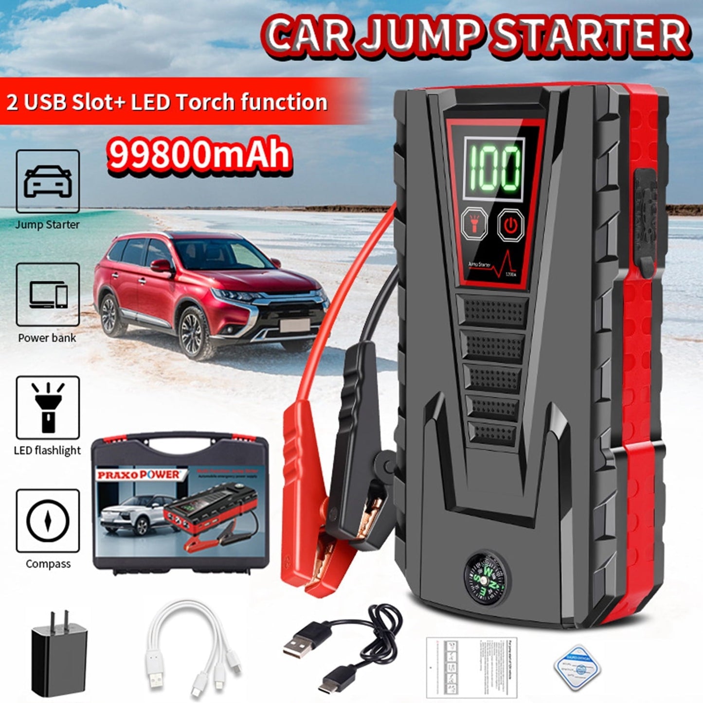 PRAXO Multi-functional Car Jump Starter, 5000A Peak 99800mAh Battery Jump Starter, 12V Car Battery Charger, Auto Battery Booster w/ LCD Display & 3 LED Modes, Portable Power Bank Charger
