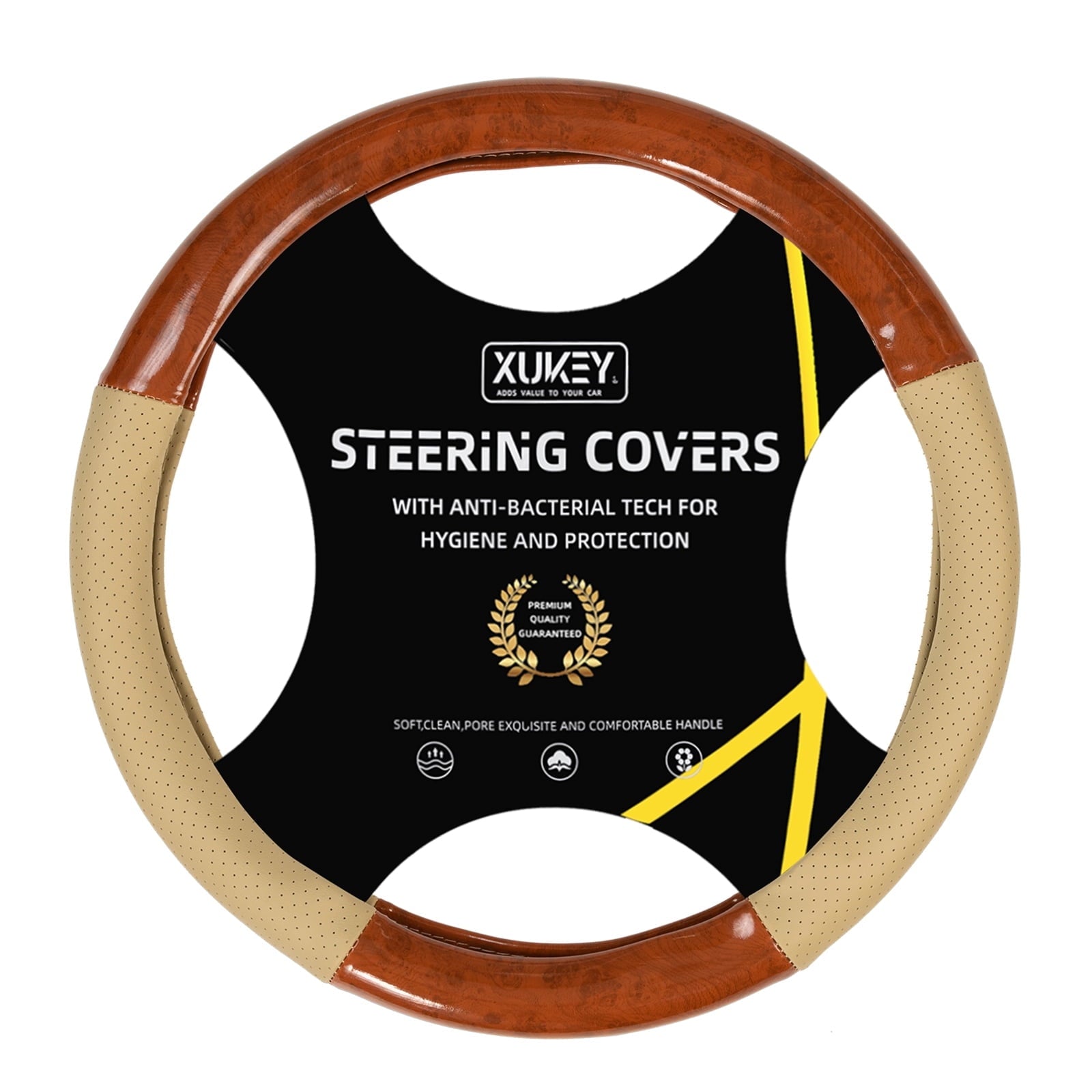 XUKEY Beige Wood Grain Car Steering Wheel Cover Leather 14.5" to 15" Breathable Anti-Slip Universal