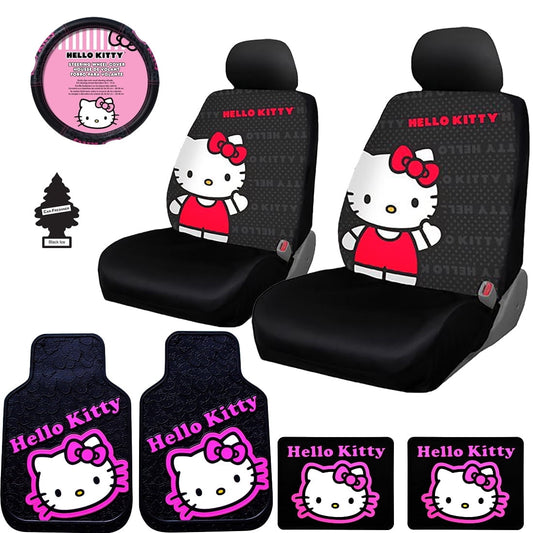 Yupbizauto Hello Kitty Car Accessories Seat Cover with 4 Rubber Mats, Steering Wheel Cover and Air Freshener Bundle Set