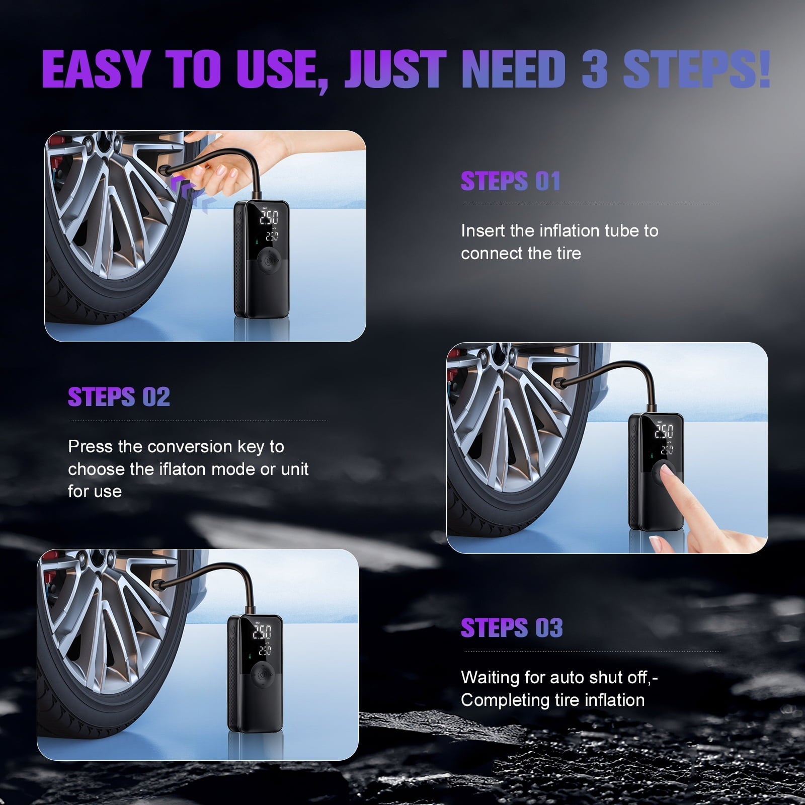 PHANCIR Cordless Tire Inflator Portable Air Compressor, 150 PSI Digital Display Multi-Function Air Pump with Automatic Shutoff & 3 Modes LED Light for Car, Motorcycles, Bicycles, Balls