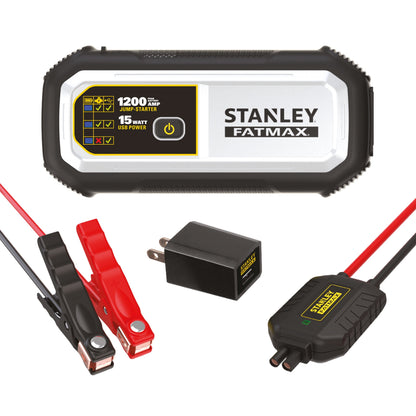 Stanley FatMax 1200A, Lithium Jump Starter with 15 Watt USB-A and USB-C Power, Includes clamps