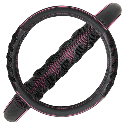 Flying Banner car Steering Wheel Cover Faux Leather Massage Universal fit 3D Honeycomb Hole Anti-Slip Sporty 15 inches (Pink Black)
