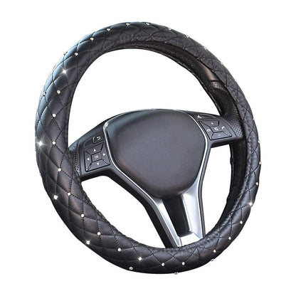EING Steering Wheel Cover Leather Crystal Bling Anti-Slip Auto Car Steering Wheel Case Universal for 15 inch,Black
