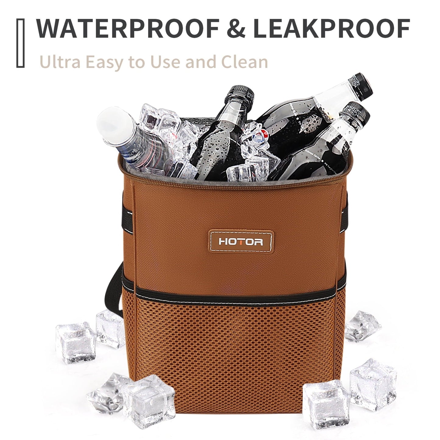 HOTOR Car Trash Can with Lid, Leak-Proof Car Garbage Can with Mesh Pockets, Car Accessories, 2 Gallons, Brown