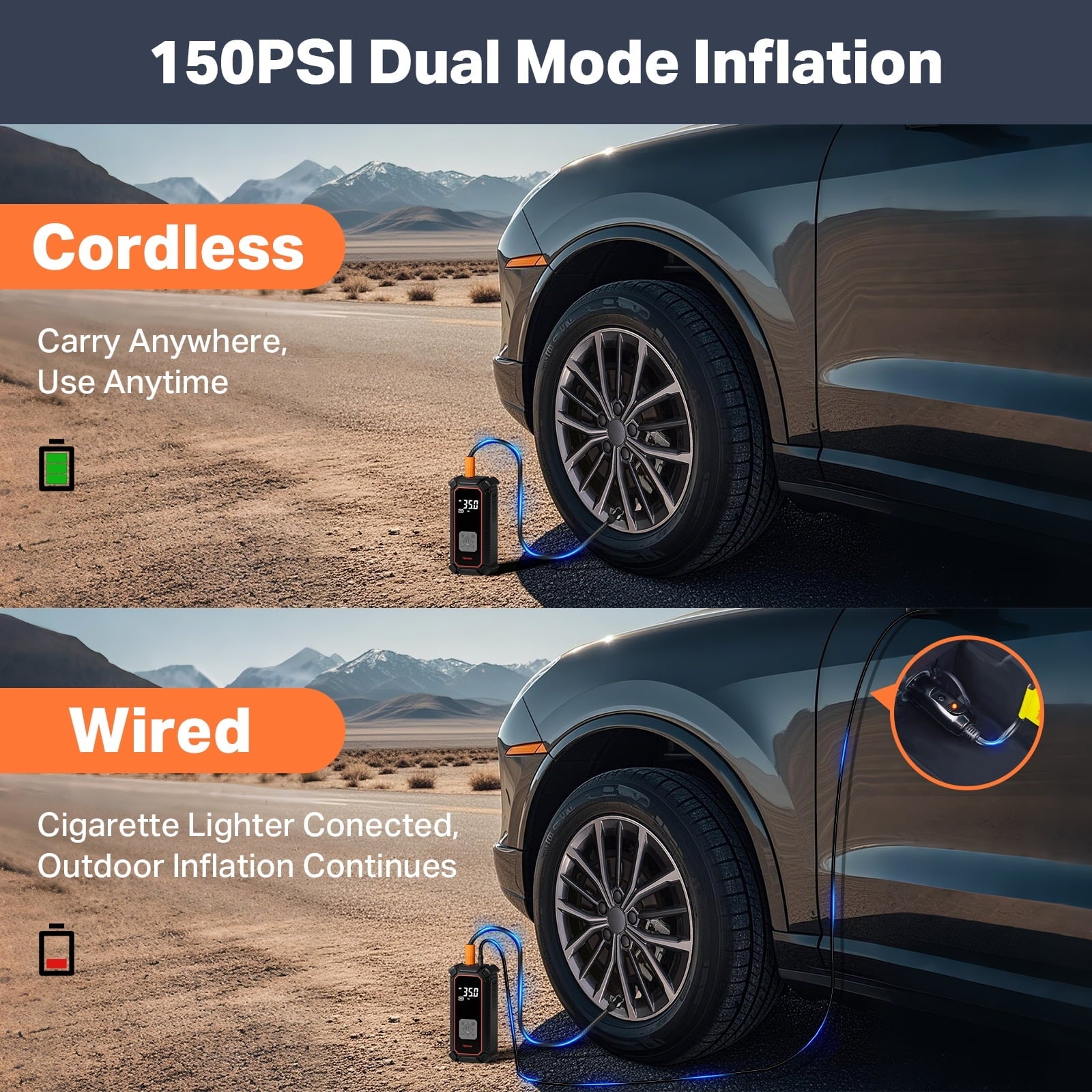 Ophanie Tire Inflator Portable Air Compressor, 9000mAh Battery Powered, 150PSI Dual Mode, Auto Air Pump for Car Tires, Motorcycle, Bicycle, Electric Pump with LED Light & Digital Pressure Gauge