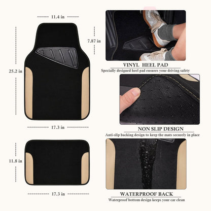 CAR GRAND Faux Leather Car Steering Wheel Cover Combo Pack Car Floor Mats, Universal Fit Waterproof Anti-slip Carpet 14.5-15 Inches Beige & Black