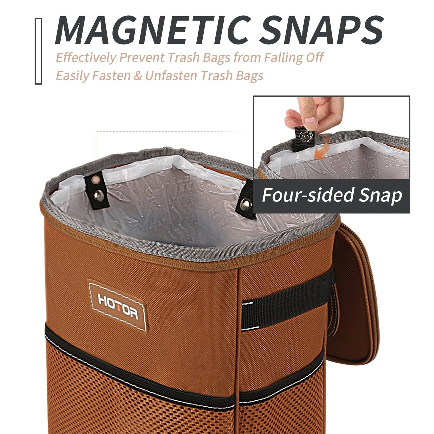 HOTOR Car Trash Can with Lid, Leak-Proof Car Garbage Can with Mesh Pockets, Car Accessories, 2 Gallons, Brown