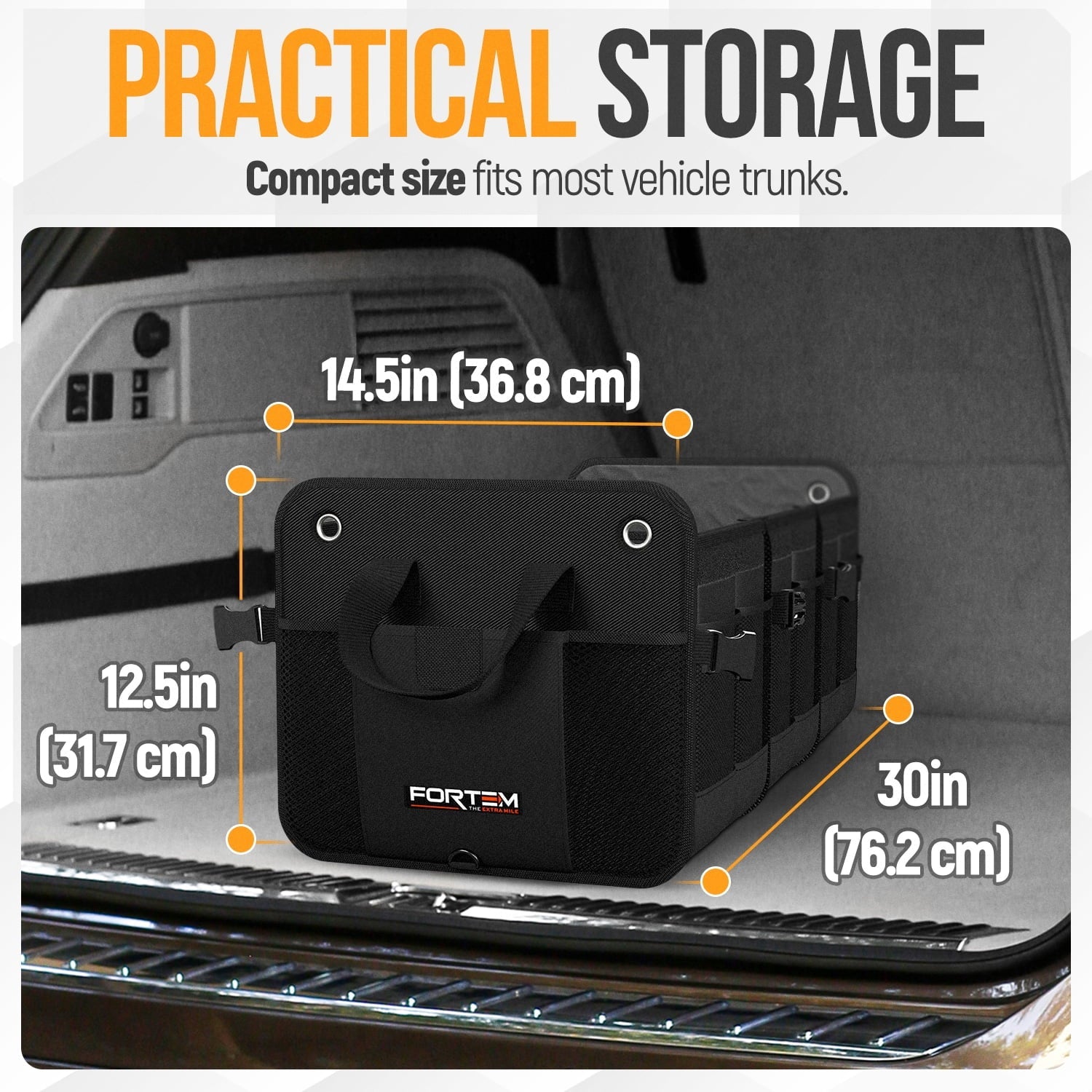 FORTEM SUV Trunk Organizer, Car Organizer, Collapsible Multi-Compartment Storage Bag for Car Accessories for Women Men, 1680D Oxford, Non Slip Bottom, Adjustable Straps, Soft Cover (90L)