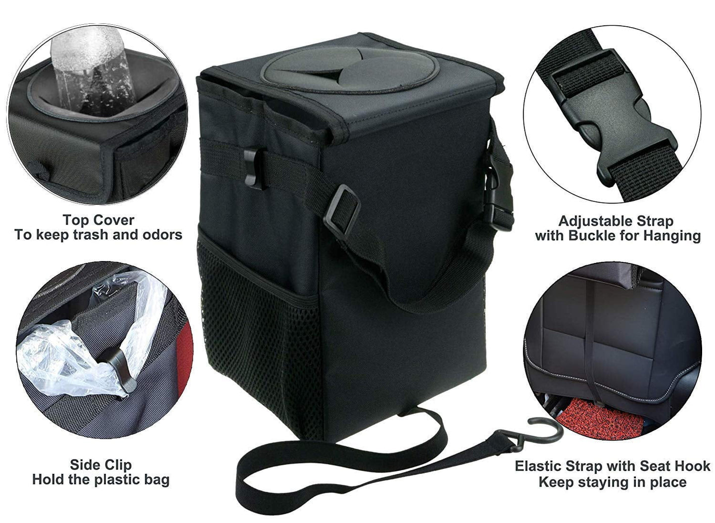 Walbest Car Can with Lid - Car Bag Hanging with Storage Pockets Collapsible and Portable Car Garbage Bin