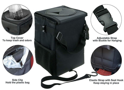 Walbest Car Can with Lid - Car Bag Hanging with Storage Pockets Collapsible and Portable Car Garbage Bin