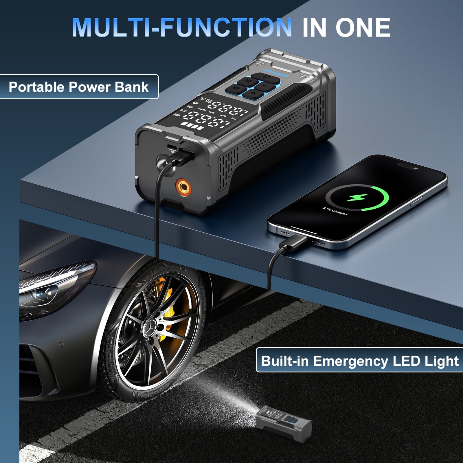AVAPOW Cordless Tire Inflator, 180PSI Portable Air Compressor, Air Pump for Car Tires with Digital Pressure Gauge, LED Light, Auto Shutoff