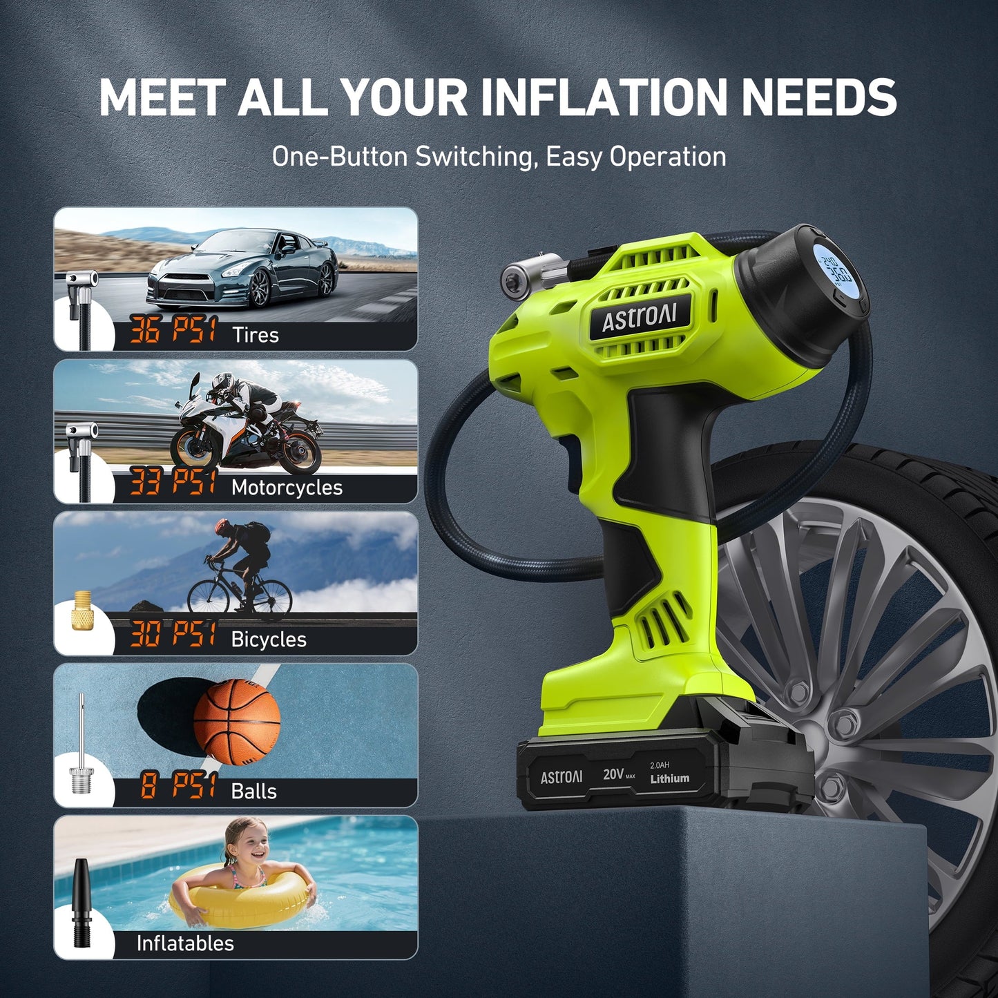 AstroAI Cordless Tire Inflator Portable Air Compressor Electric Pump, 160PSI Handheld Air Pump with 20V Rechargeable Battery Auto Shutoff, Digital Pressure Gauge for Cars Tires, for Gift, Green