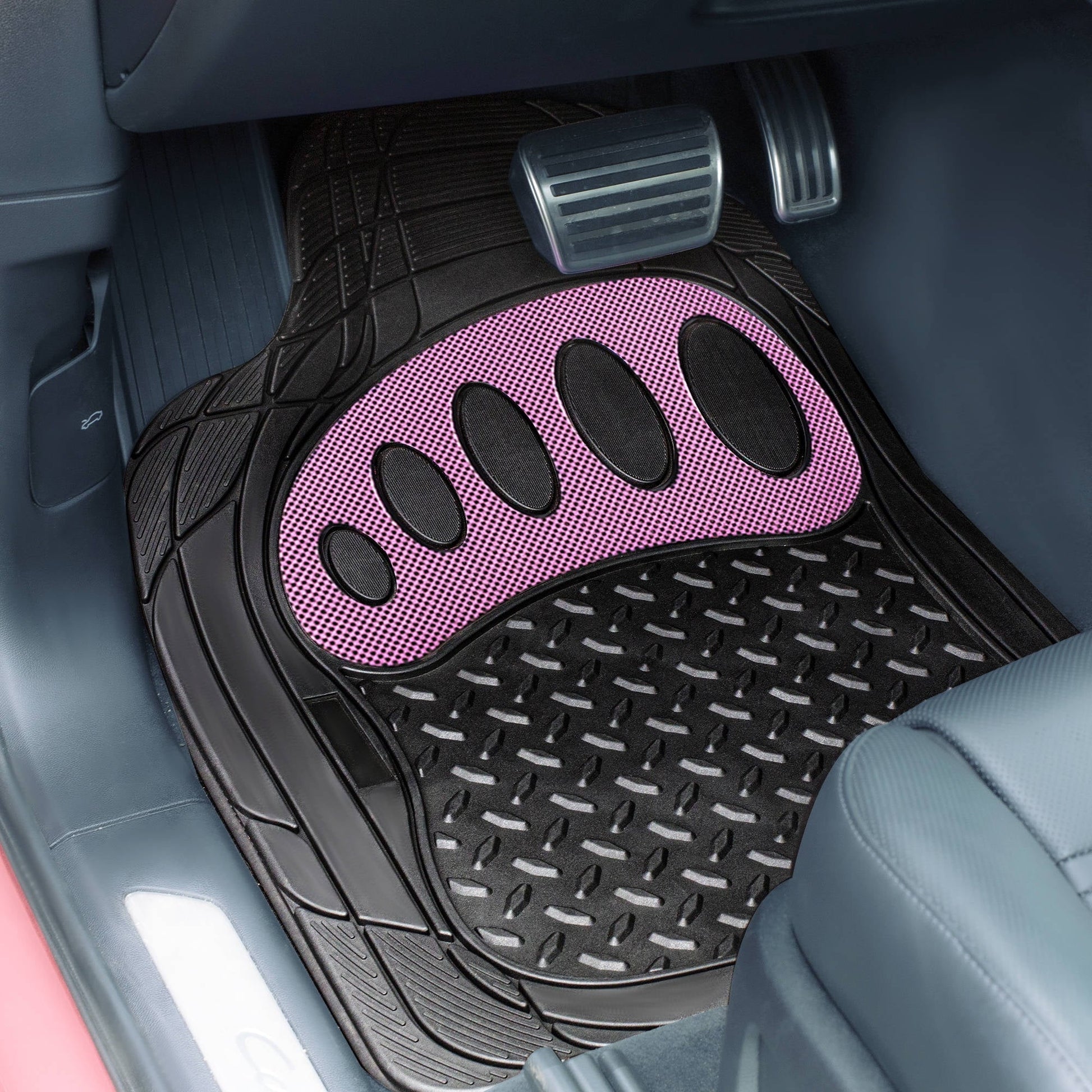 FH Group Trimmable ClimaProof Rubber Floor Mats With Footprint Design Pink/Black – Full Set
