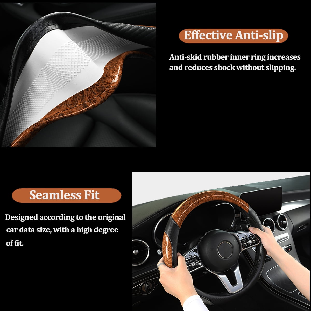 XUKEY Car Steering Wheel Cover Carbon Fiber Wood Grain Universal 14.5" to 15"