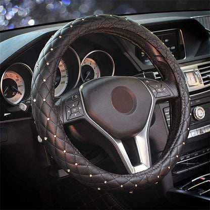 EING Steering Wheel Cover Leather Crystal Bling Anti-Slip Auto Car Steering Wheel Case Universal for 15 inch,Black