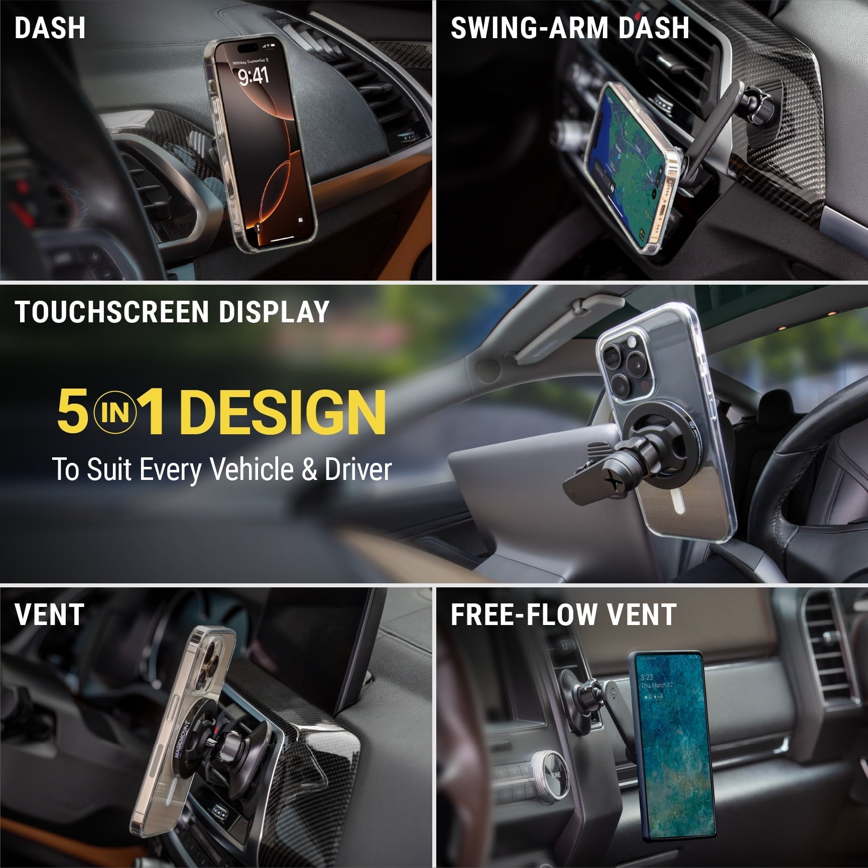 Scosche SMS1ODVR-1 MagicMount MS 5-in-1 MagSafe Car Phone Mount - Back of Screen, Dash or Vent Mount