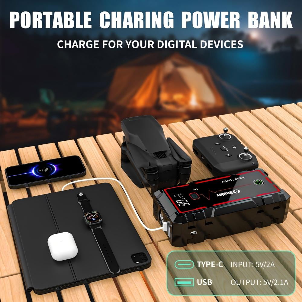 Car Battery Jump Starters, 3000A 12V Lithium Battery , Jumper Cables-for All Gas Engines, Jump Starter with Dual USB Power Bank QC 3.0 Fast Charging.