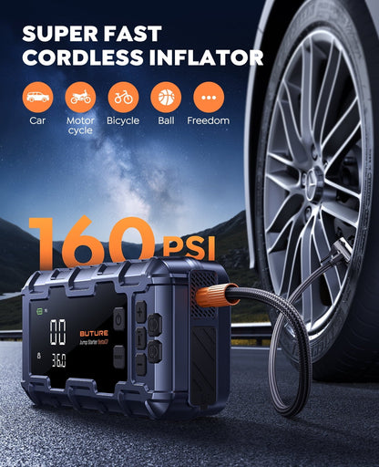 BUTURE 6000A Car Jump Starter with Air Compressor 160 PSI, 45W Charging Battery Booster Pack (All gas/12L Diesel), 7-in-1 Jump Starter Power Bank with LED Display